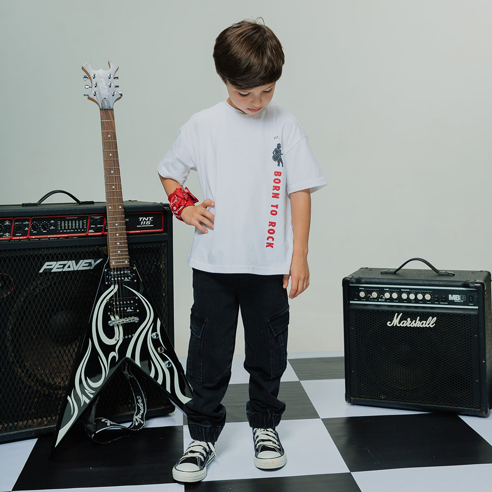 Franela De Algodón Blanco Con Gráfico De Guitarrista Para Niño