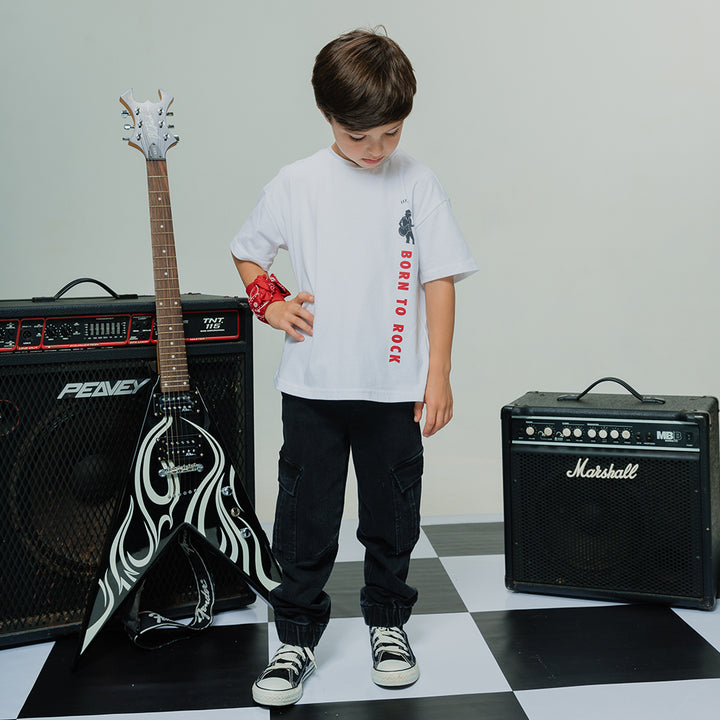 Franela De Algodón Blanco Con Gráfico De Guitarrista Para Niño