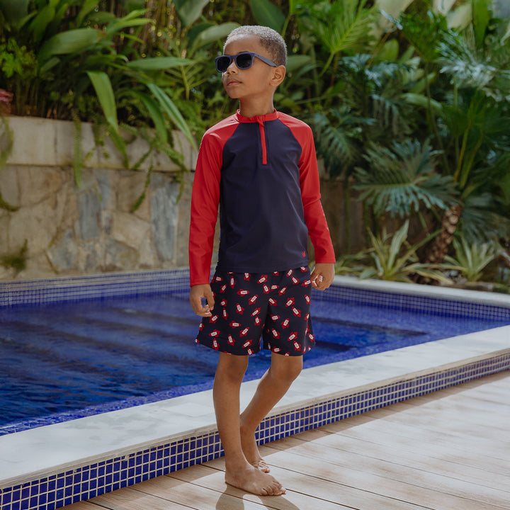 Franela De Agua Azul Marino Con Mangas Largas En Rojo Para Niño