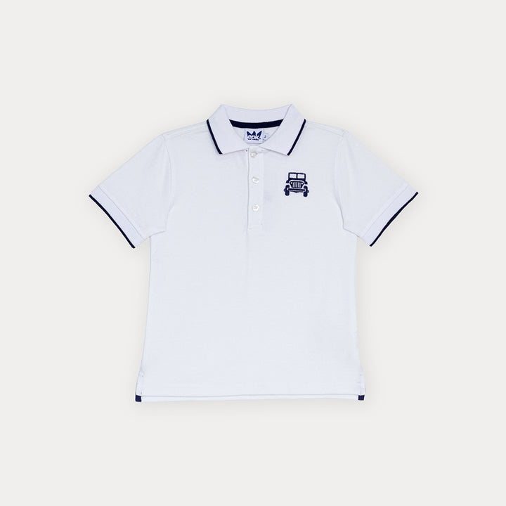 Chemise De Piqué Blanco Con Bordado De Carrito Para Niño