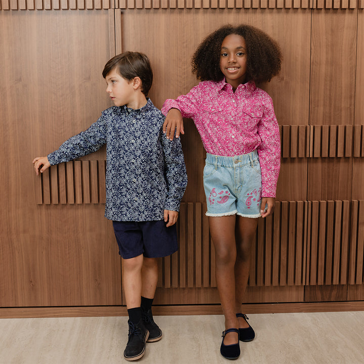 Camisa De Twill Manga Larga Con Estampado De Bacterias Para Niño