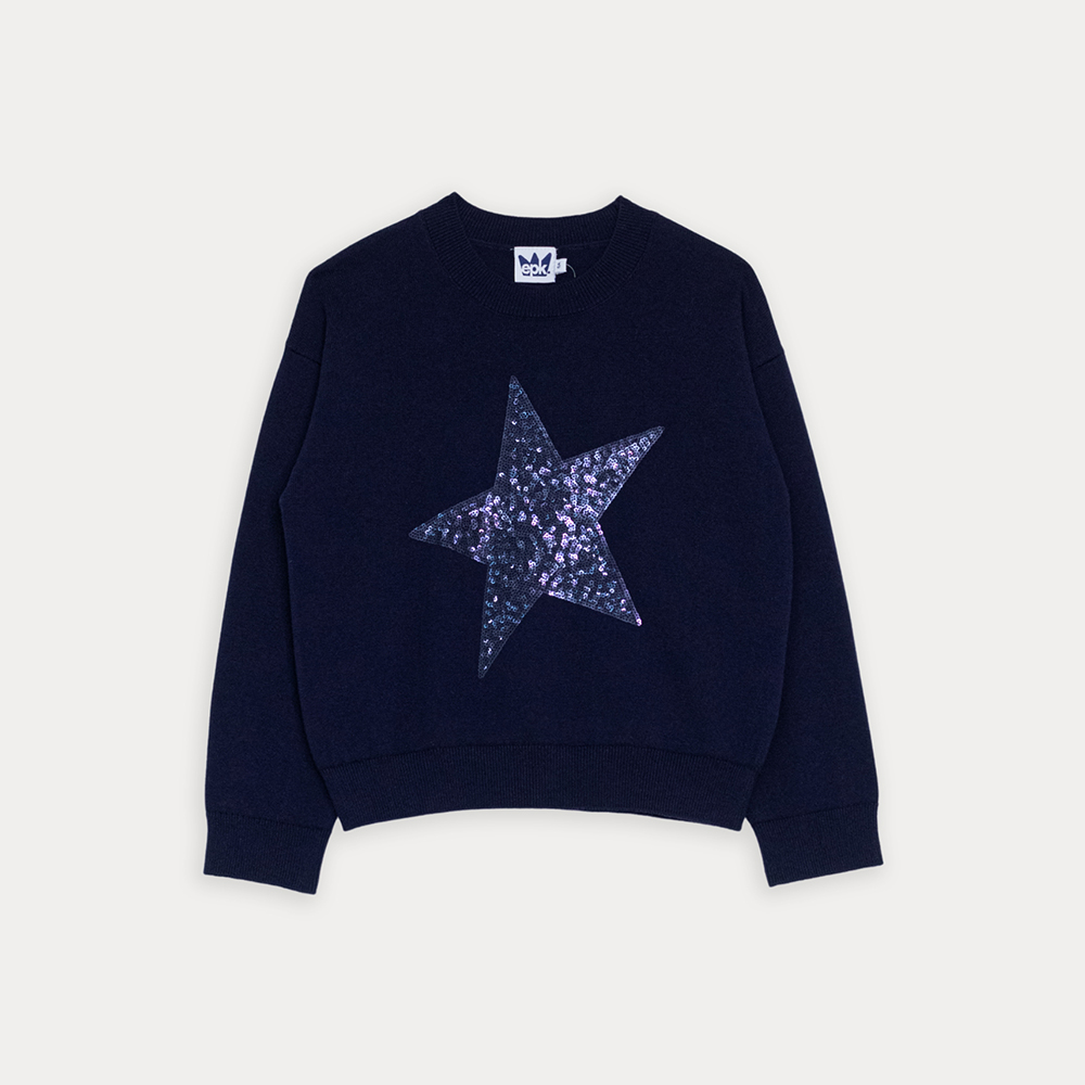 Suéter De Algodón Tejido Azul Marino Con Estrella De Lentejuelas Para Niña