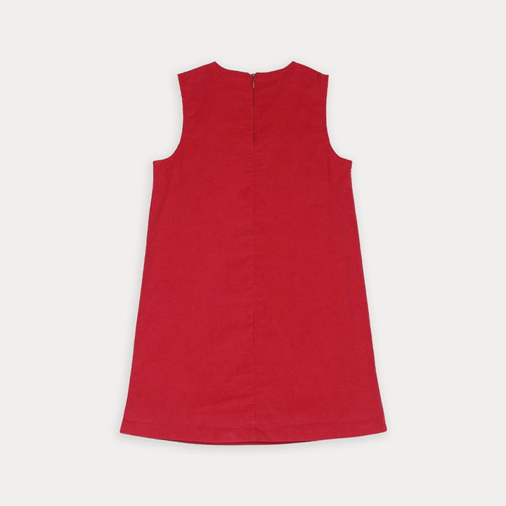 Vestido De Corduroy Rojo Con Lazo Grande Para Niña