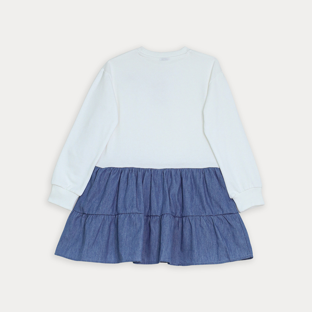 Vestido De Algodón Crema Manga Larga Con Falda De Chambray Azul Oscuro Y Bordado De Lentejuelas Para Niña