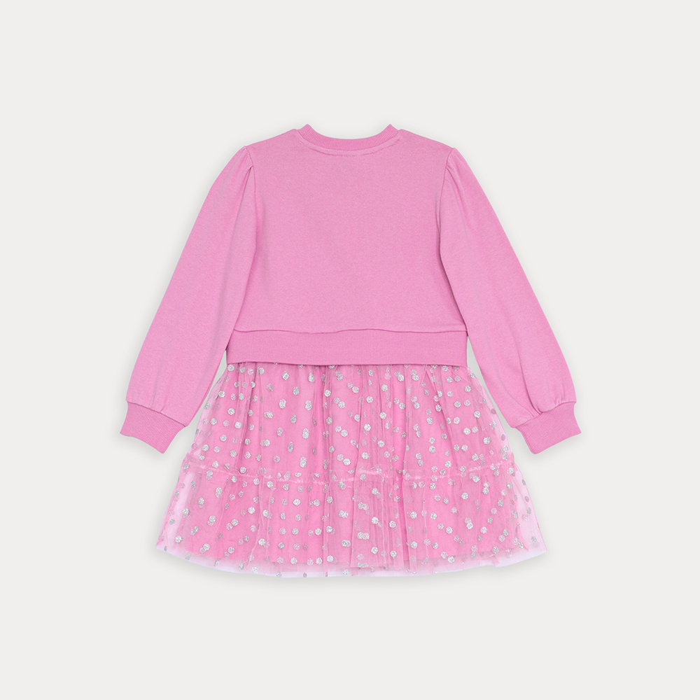 Vestido De Algodón Rosado Manga Larga Con Falda De Tull Con Estampado De Punticos Plateádos Para Niña