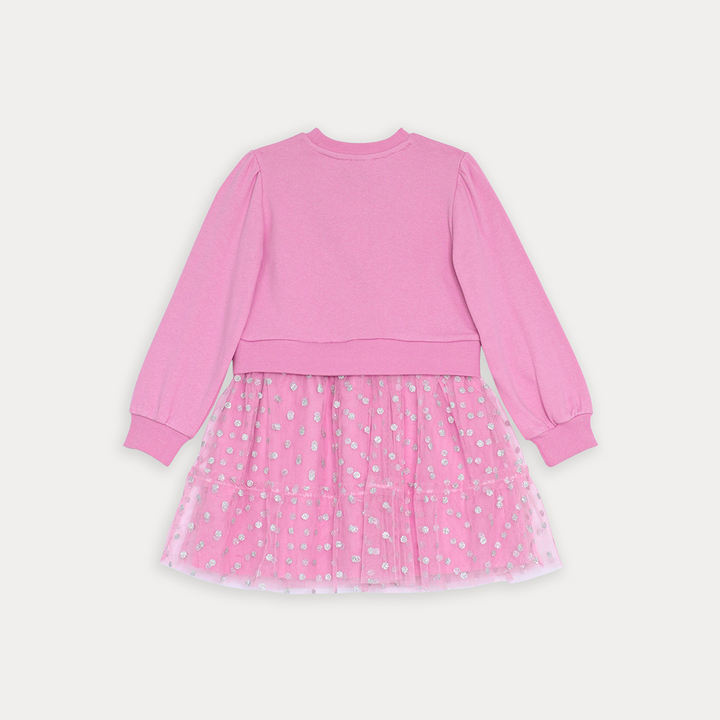 Vestido De Algodón Rosado Manga Larga Con Falda De Tull Con Estampado De Punticos Plateádos Para Niña