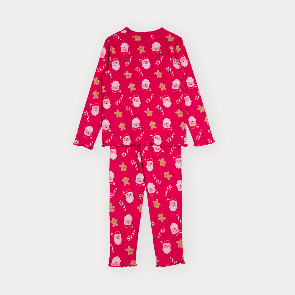 Pijama De Algodón Rojo Con Estampado Navideño Para Niña