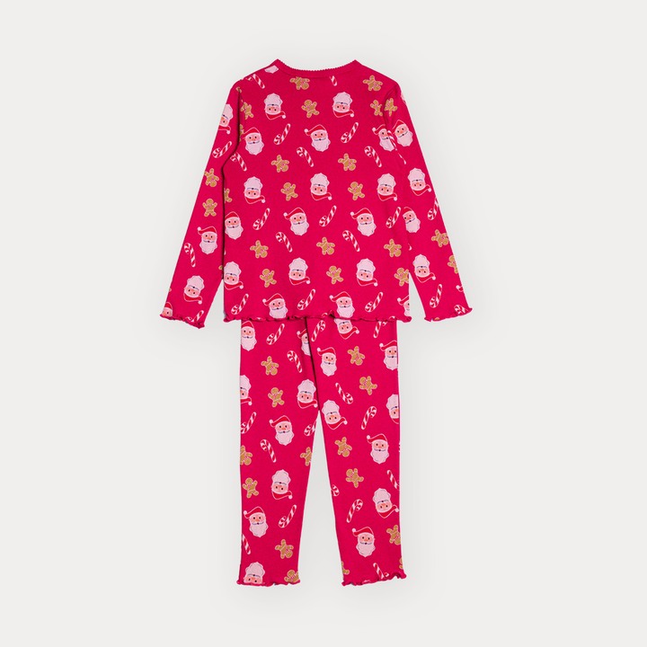 Pijama De Algodón Rojo Con Estampado Navideño Para Niña