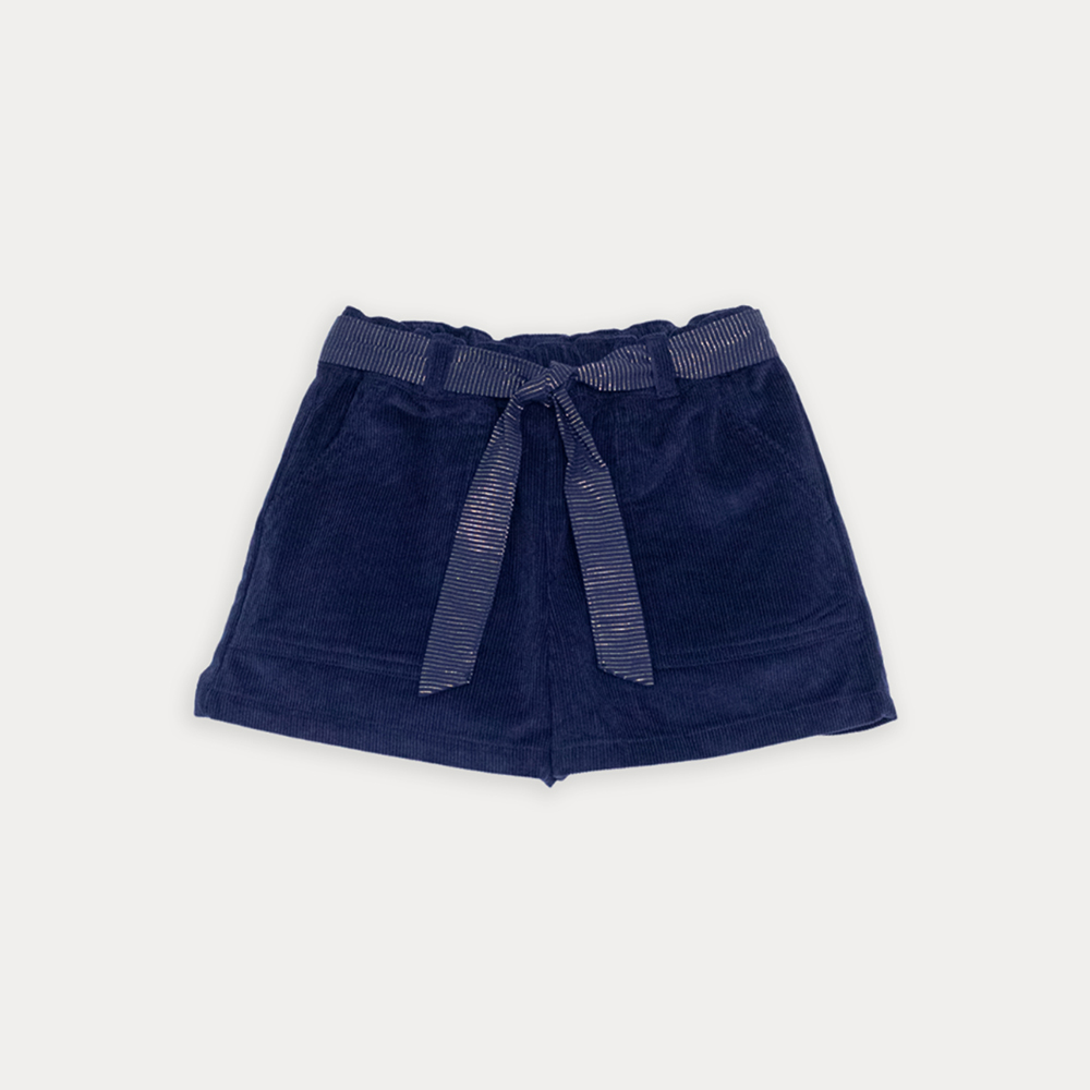 Short De Corduroy Azul Marino Con Cinturón De Popelina Ligera Estampada Para Niña