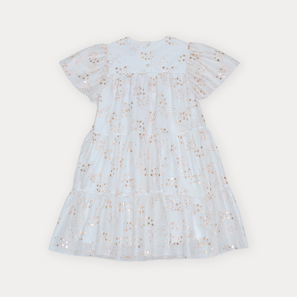 Vestido De Tela Ligera Crema Con Estampado De Estrellas Doradas Metálicas Para Niña