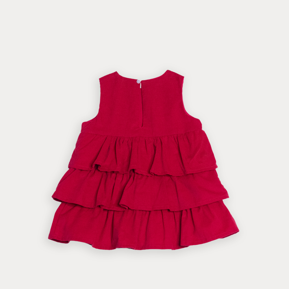 Vestido De Corduroy Rojo Con Volantes Y Parche De Terciopelo Vinotinto De Corazón Para Bebe Niña