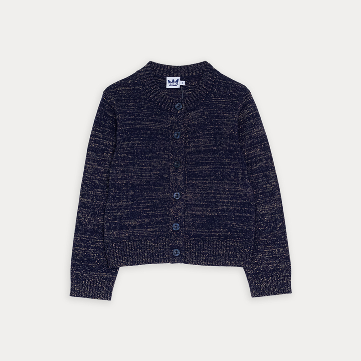 Cardigan De Algodón Tejido Azul Marino Con Detalle De Hilos Dorados Para Niña