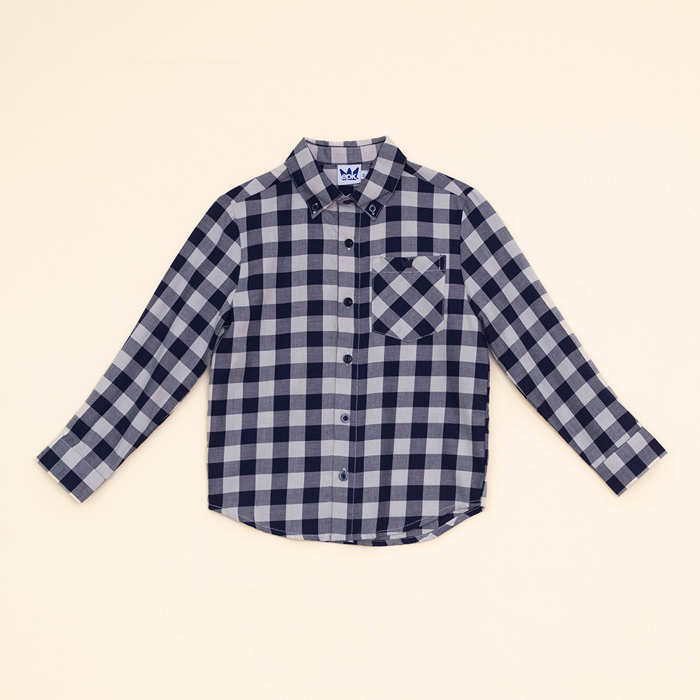 Camisa de Flannel con Estampado de Cuadros Azules y Crema, Manga Larga, para Niño