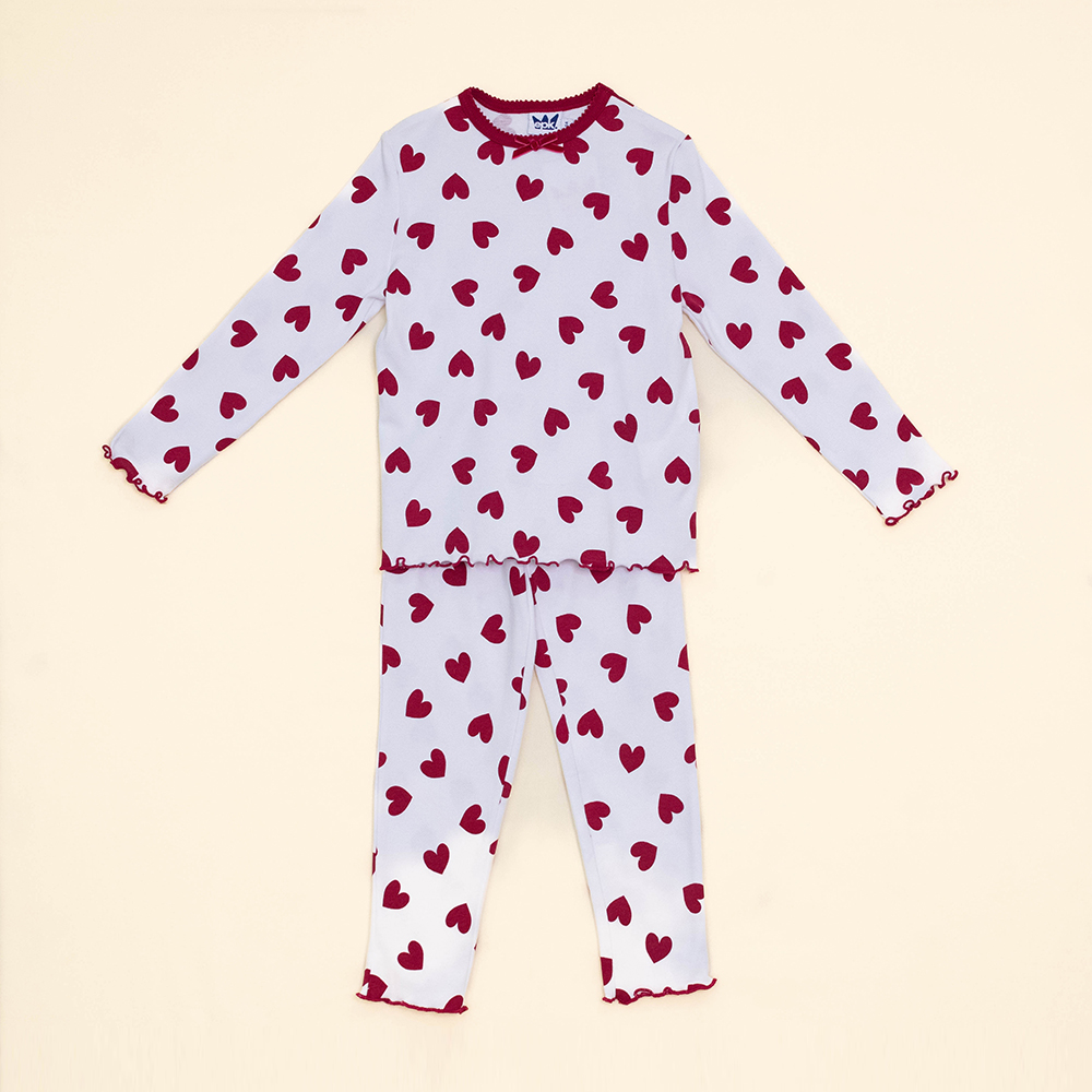 Pijama Blanca de Algodón con Corazones Rojos para Niña