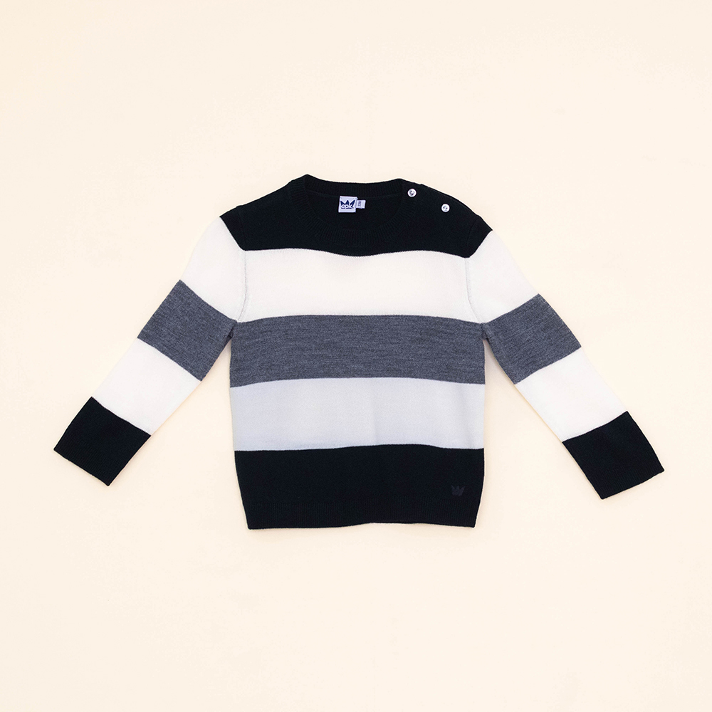 Suéter de Tela Tipo Cashemira con Rayas Color Hueso, Negro y Gris para Bebé Niño