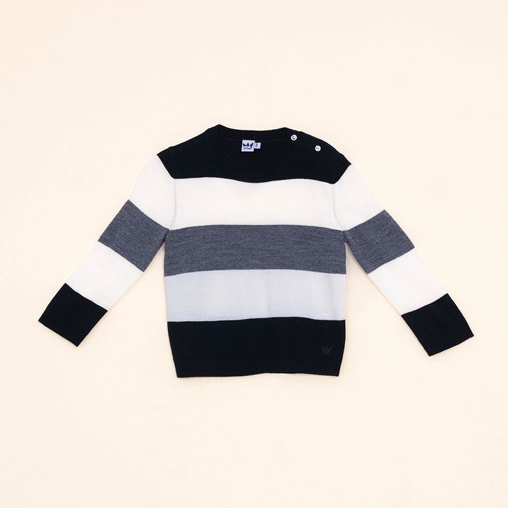 Suéter de Tela Tipo Cashemira con Rayas Color Hueso, Negro y Gris para Bebé Niño