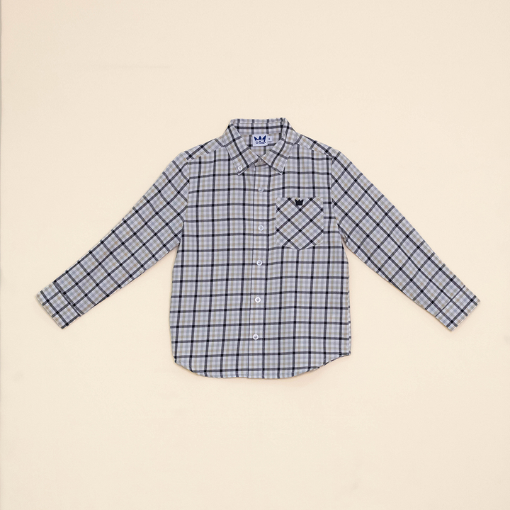 Camisa Manga Larga de Flannel con Estampado de Cuadros Caqui, Negros y Grises para Niño