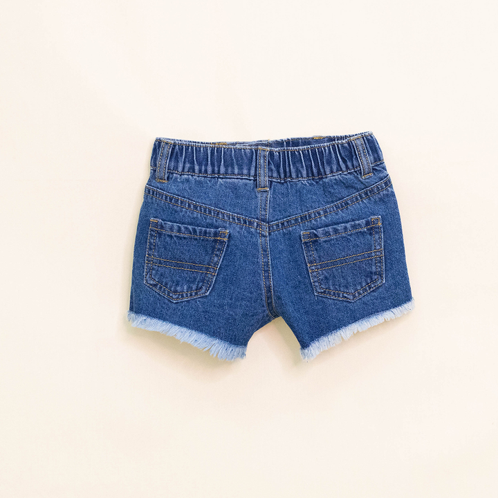 Short de Jean Azul con Bordado Dorado de Flores para Bebé Niña