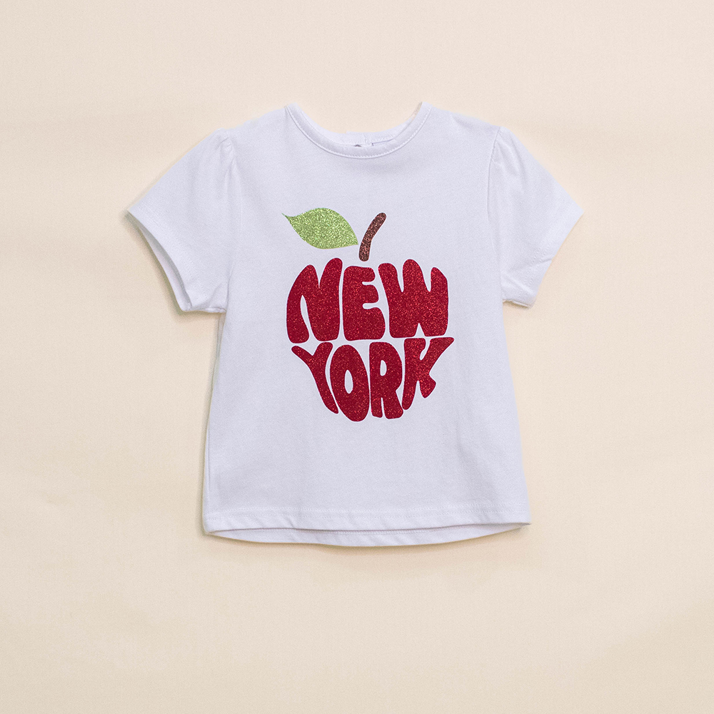 Franela Blanca de Algodón Manga Corta con Gráfico de New York con Escarcha, para Bebé Niña