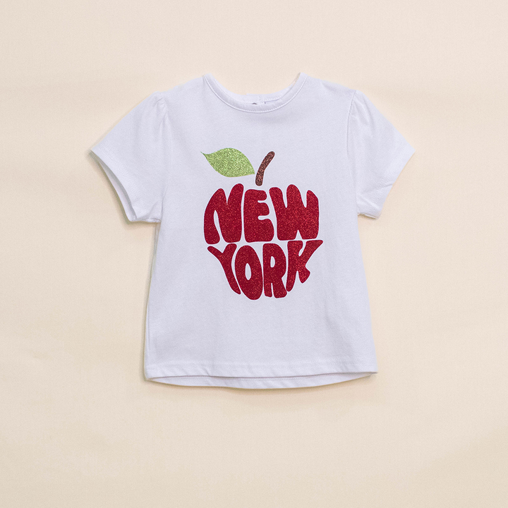 Franela Blanca de Algodón Manga Corta con Gráfico de New York con Escarcha, para Bebé Niña