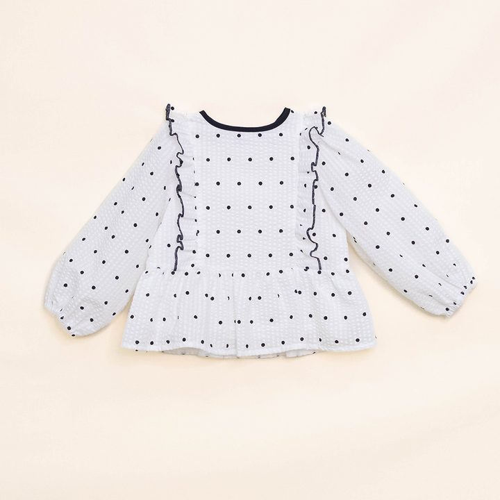Blusa Color Hueso Manga Larga con Puntos Negros para Niña