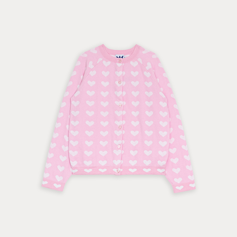 Cardigan De Algodón Tejido Rosado Con Estampado De Corazones Blancos Para Niña