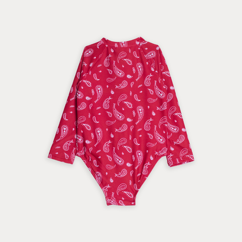 Traje De Baño Manga Larga Rojo Con Estampado De Bacterias Blancas Para Bebe Niña