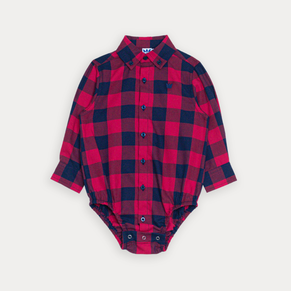 Body Camisa De Flannel Twill Con Estampado De Cuadros Vinotinto Y Azul Para Bebe Niño