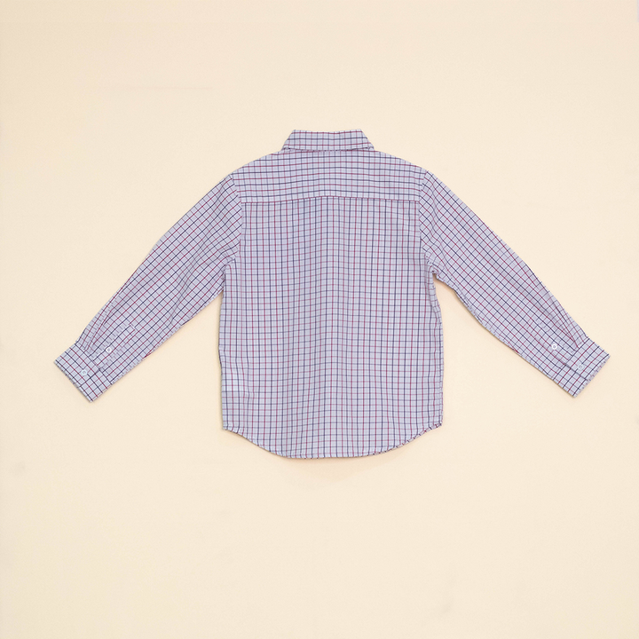 Camisa Blanca Manga Larga de Popelina con Cuadros Azules y Rojos para Niño