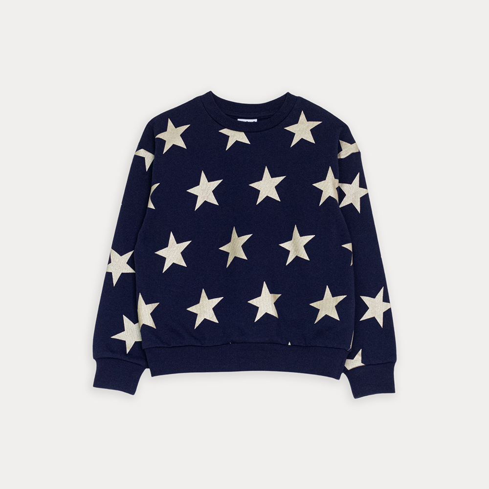 Suéter De Algodón Azul Marino Con Estampado De Estrellas Doradas Metálicas Para Niña