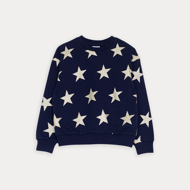 Suéter De Algodón Azul Marino Con Estampado De Estrellas Doradas Metálicas Para Niña