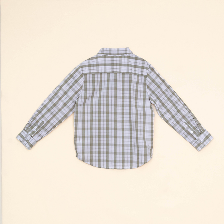 Camisa Manga Larga de Popelina con Cuadros Blancos y Verdes para Niño