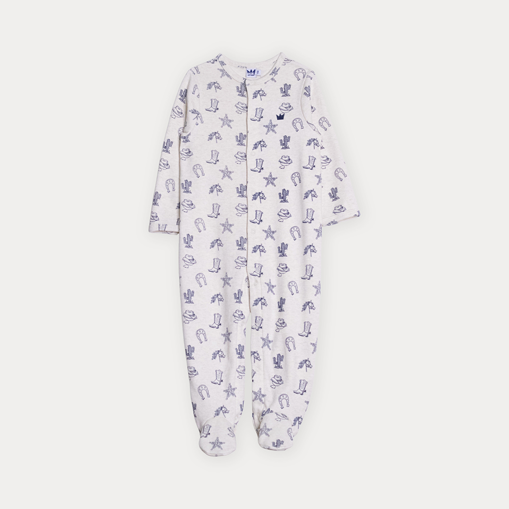 Pijama De Algodón Crema Con Estampado Vaquero En Azul Marino Para Bebe Niño