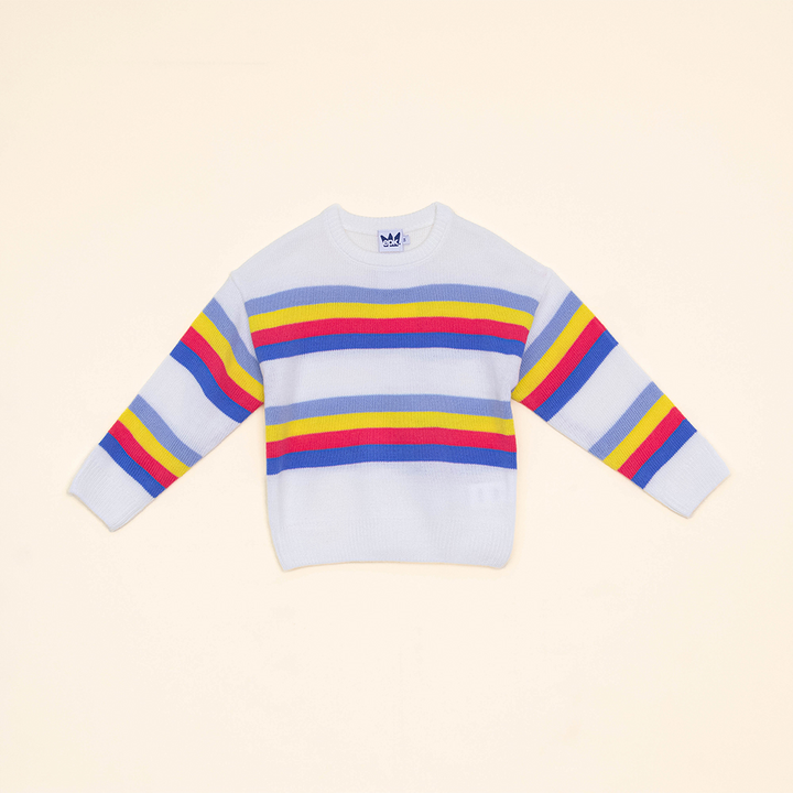 Sueter Blanco con Rayas Azules, Amarillas y Rosadas para Niña