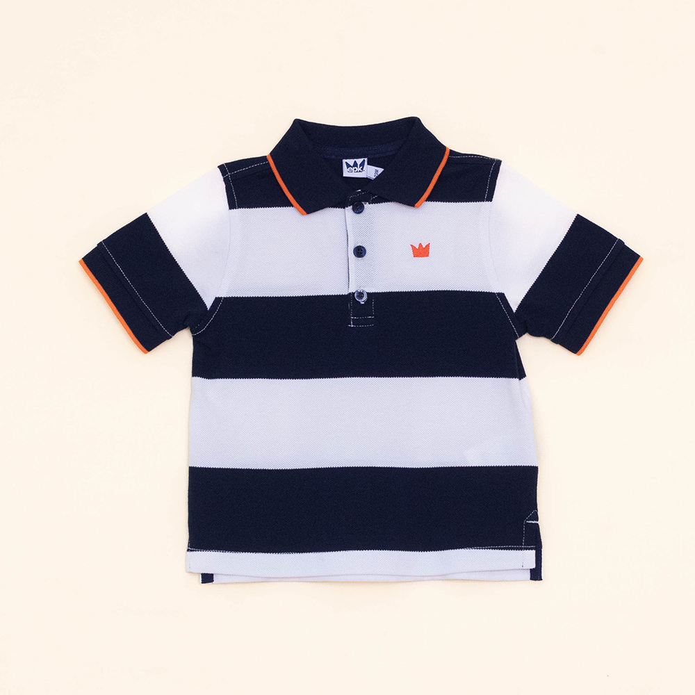 Chemise Manga Corta de Piqué con Rayas Azules y Blancas para Bebé Niño