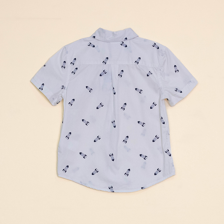 Camisa Blanca Manga Corta de Popelina con Estampado de Cohetes para Niño