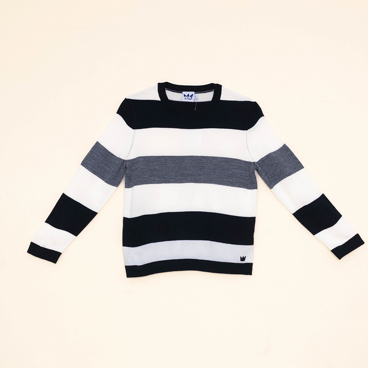 Suéter de Tela Tipo Cashemira con Rayas Color Hueso, Negro y Gris para Niño
