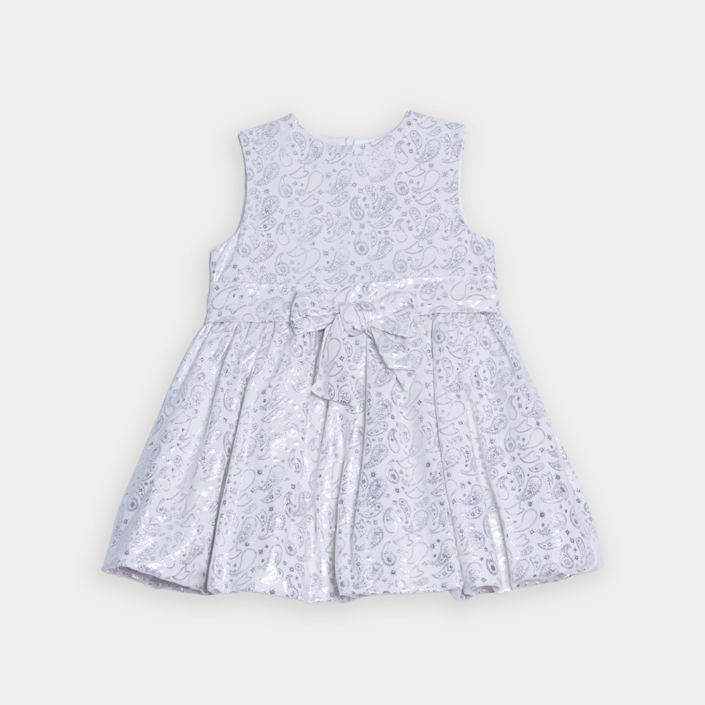 Vestido De Tela Ligera Blanco Con Estampado De Bacterias En Plateado Metálico Para Bebe Niña
