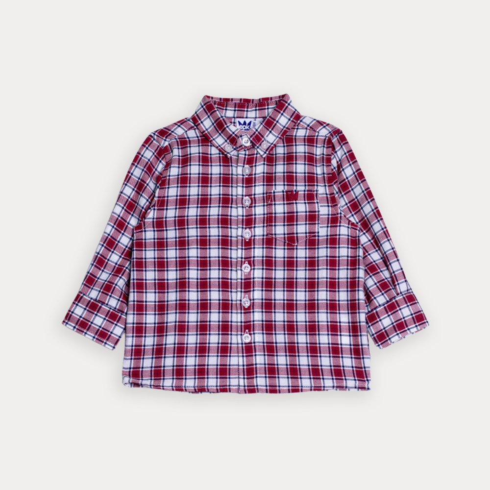Camisa De Flannel Twill Manga Larga Con Estampado De Cuadros Rojos Para Bebe Niño
