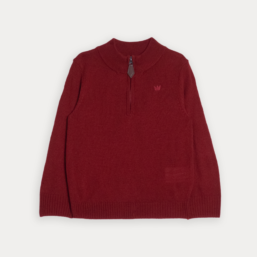 Suéter Tejido Vinotinto Con Cierre En Cuello Para Bebe Niño