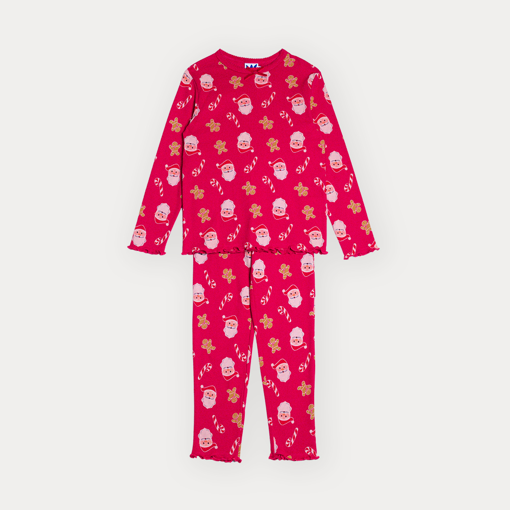 Pijama De Algodón Rojo Con Estampado Navideño Para Niña