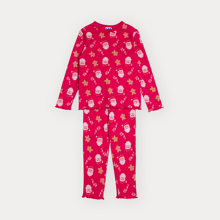 Pijama De Algodón Rojo Con Estampado Navideño Para Niña