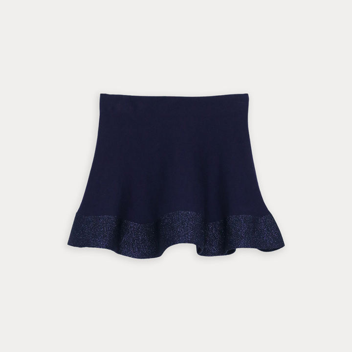 Falda De Algodón Tejido Azul Marino Con Elastico Y Detalle Metálico Para Niña