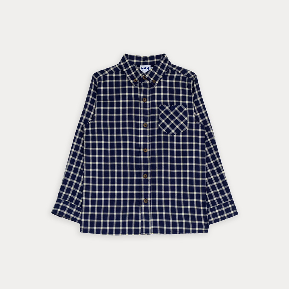 Camisa De Twill Manga Larga Con Estampado De Cuadros Azul Marino Y Crema Para Niño