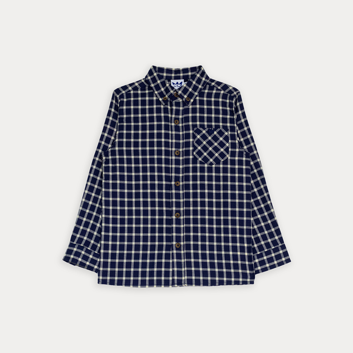 Camisa De Twill Manga Larga Con Estampado De Cuadros Azul Marino Y Crema Para Niño