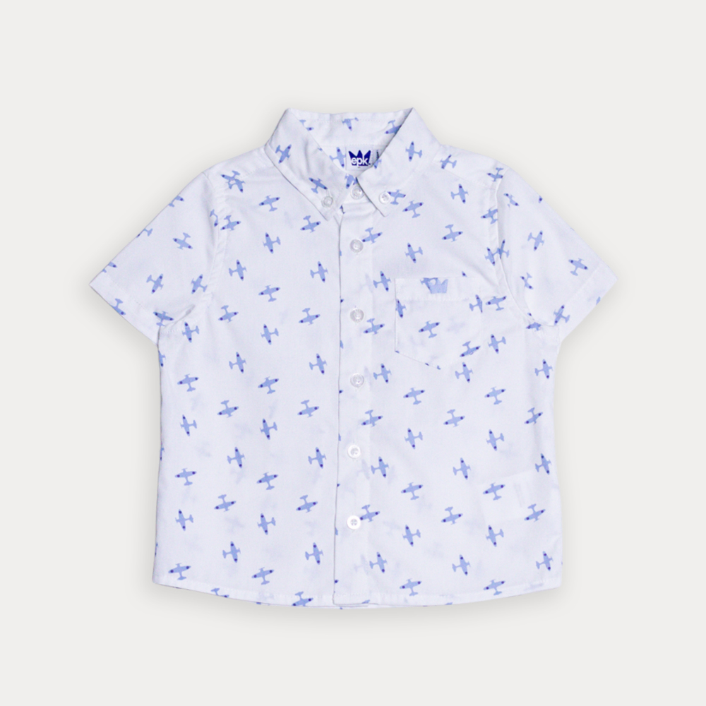 Camisa De Popelina Blanca Con Estampado De Aviones Y Bolsillo Para Bebe Niño