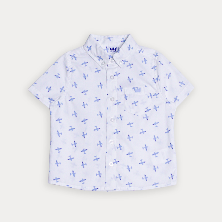 Camisa De Popelina Blanca Con Estampado De Aviones Y Bolsillo Para Bebe Niño