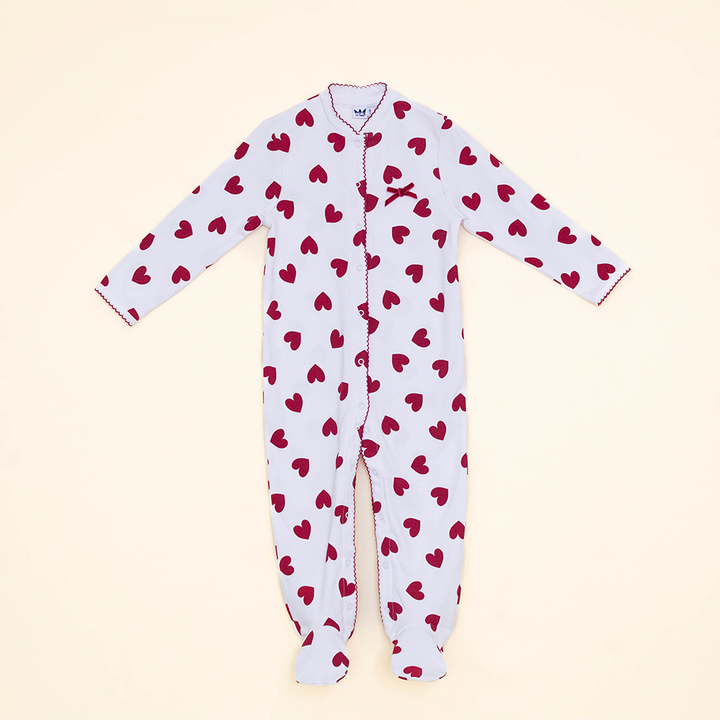 Pijama Blanca enteriza de Algodón con Corazones Rojos para Bebé Niña