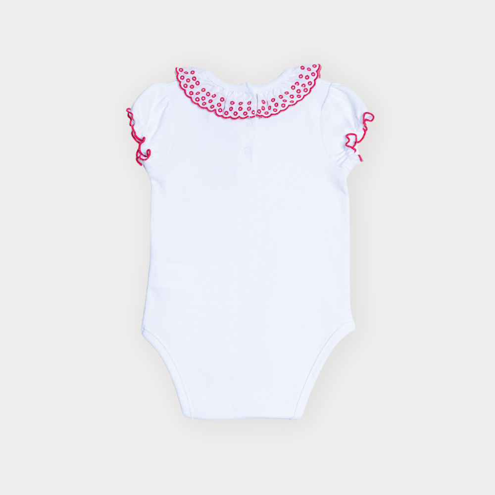Body De Algodón Blanco Con Detalles Rojos Bordados En El Cuello Para Bebe Niña