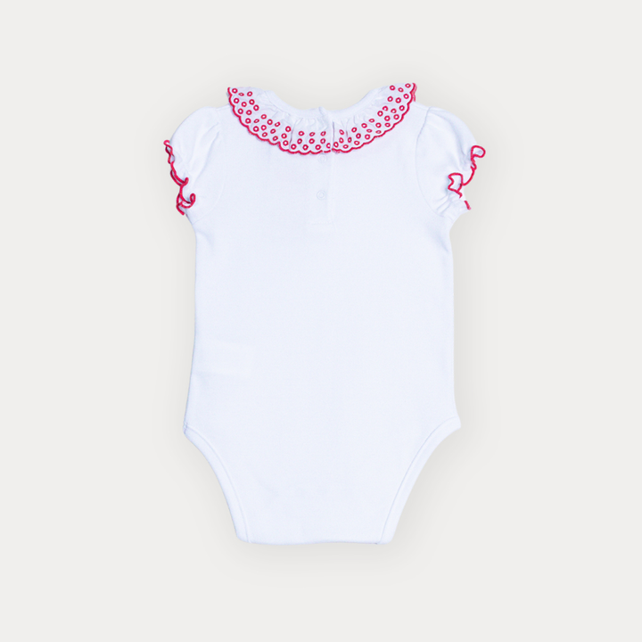 Body De Algodón Blanco Con Detalles Rojos Bordados En El Cuello Para Bebe Niña